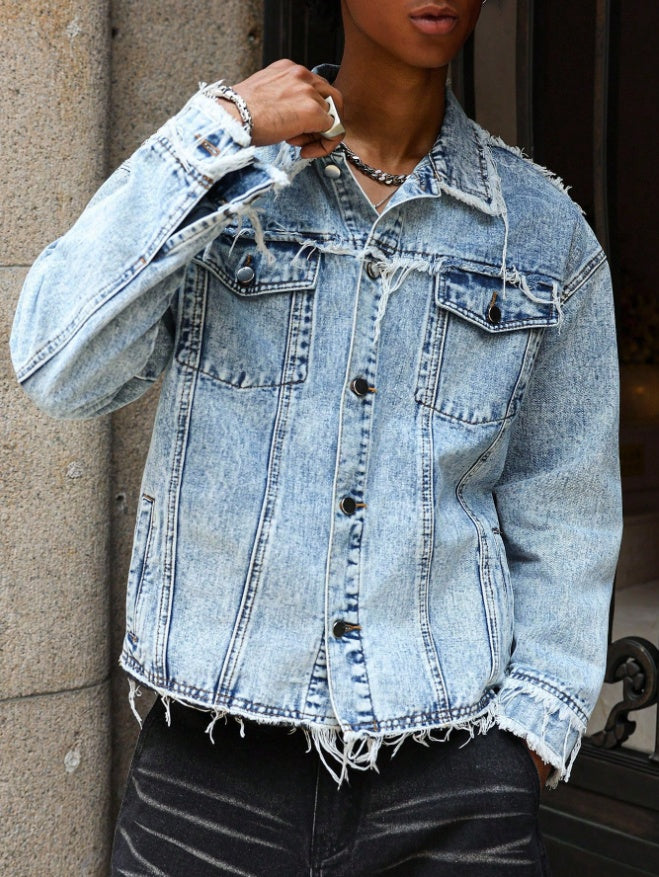Men's Raw Hem Light Wash Oversized Denim Jean Jacket