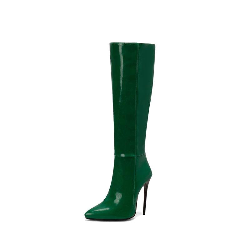 Autumn And Winter New Women Pointed Toe Stiletto Heel Side Zipper Below The Knee Boots