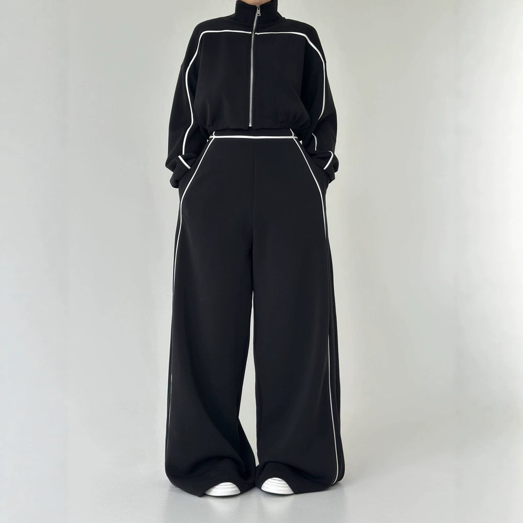 Women's Contrast-Piped Wide-Leg Jumpsuit & Cropped Zip Jacket Set