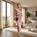 Women's Off-Shoulder Ribbed Knit Top & Side-Slit Skirt Set