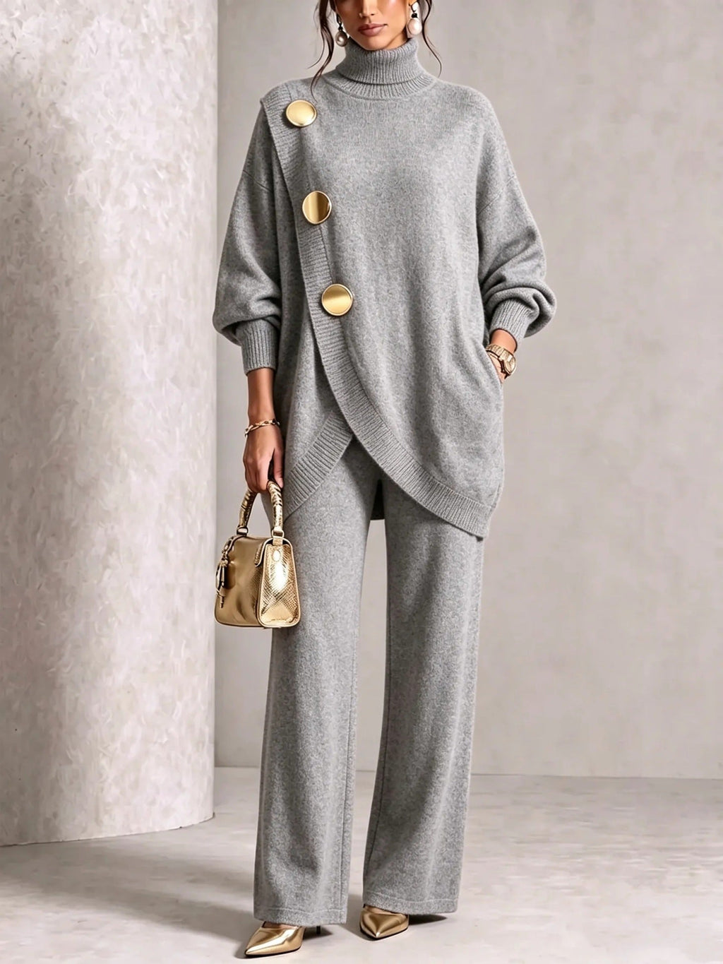 Women's Asymmetric High-Neck Sweater & Wide-Leg Pants Set