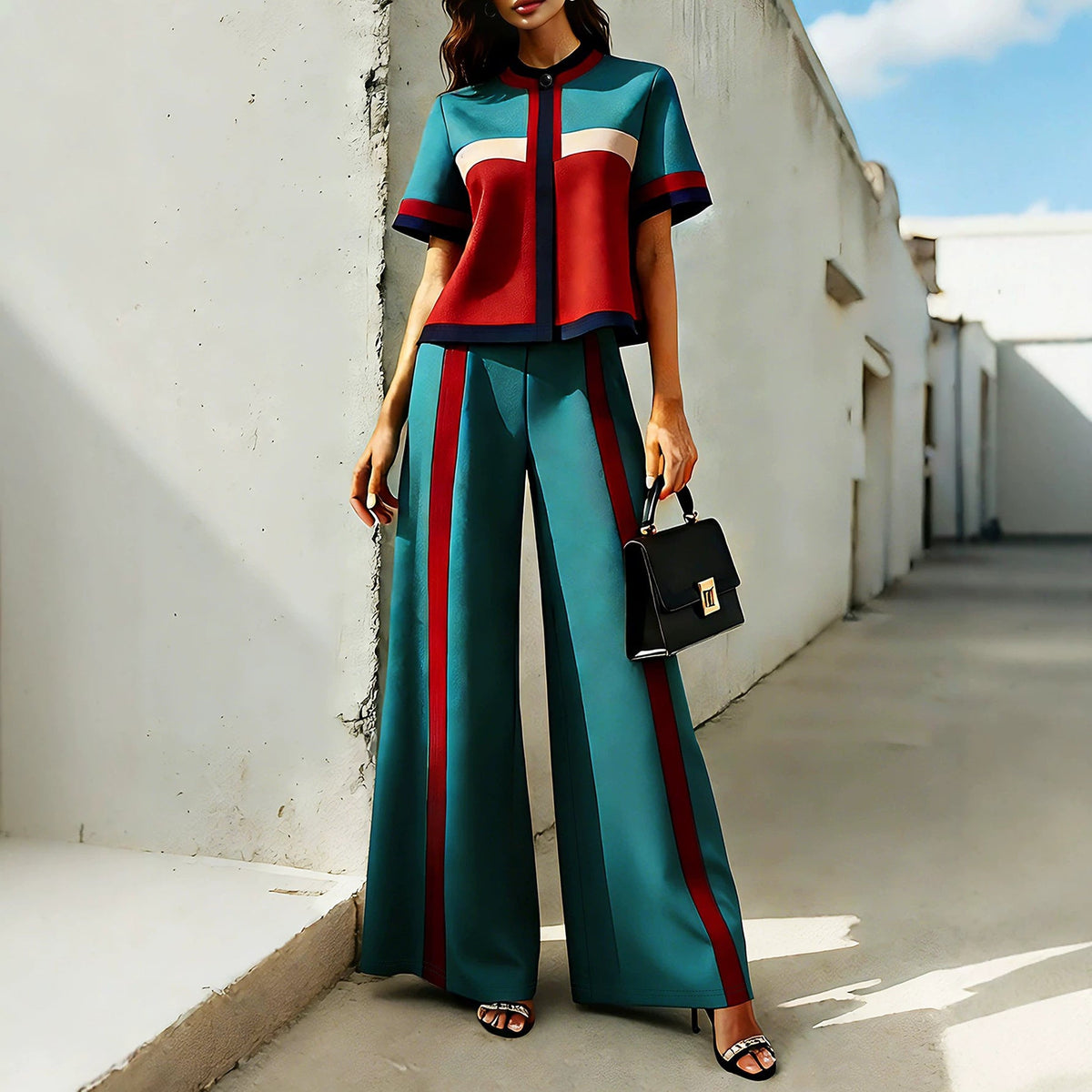 Women's Color-Block Short-Sleeve Top & Wide-Leg Pants Set