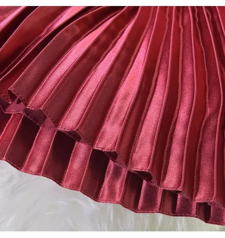 Classic Golden Velvet Pleated Skirt High Waist Retro Style Fashion Office Lady Pleated Long Skirt Winter Velvet Skirt 90cm Long
