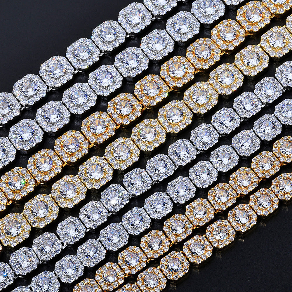 Stacking Geometric Zirconia-Set Hip Hop Chain Bracelet in Gold or White Gold – 10mm or 12mm Width