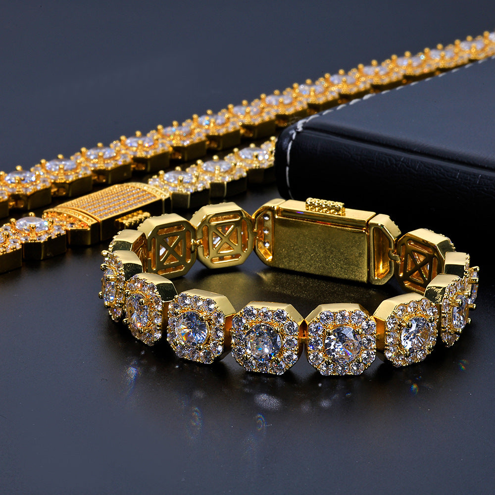 Stacking Geometric Zirconia-Set Hip Hop Chain Bracelet in Gold or White Gold – 10mm or 12mm Width
