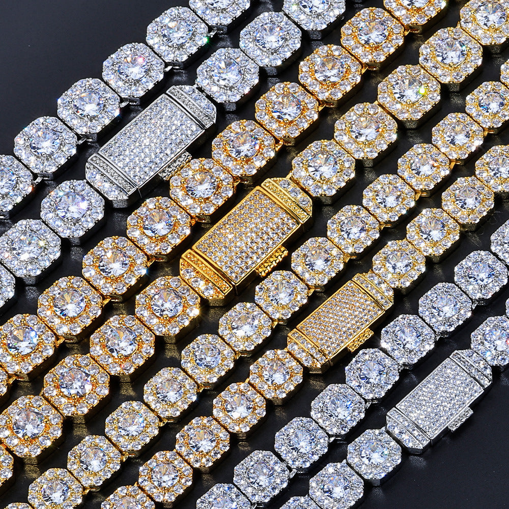 Stacking Geometric Zirconia-Set Hip Hop Chain Bracelet in Gold or White Gold – 10mm or 12mm Width