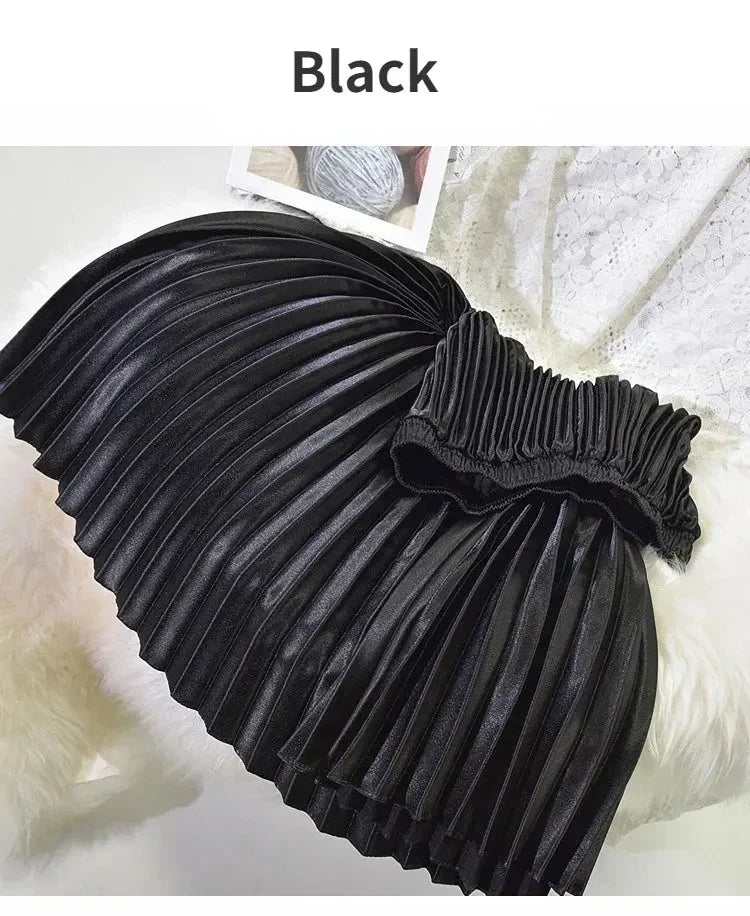 Classic Golden Velvet Pleated Skirt High Waist Retro Style Fashion Office Lady Pleated Long Skirt Winter Velvet Skirt 90cm Long