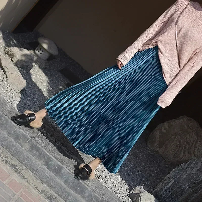Classic Golden Velvet Pleated Skirt High Waist Retro Style Fashion Office Lady Pleated Long Skirt Winter Velvet Skirt 90cm Long
