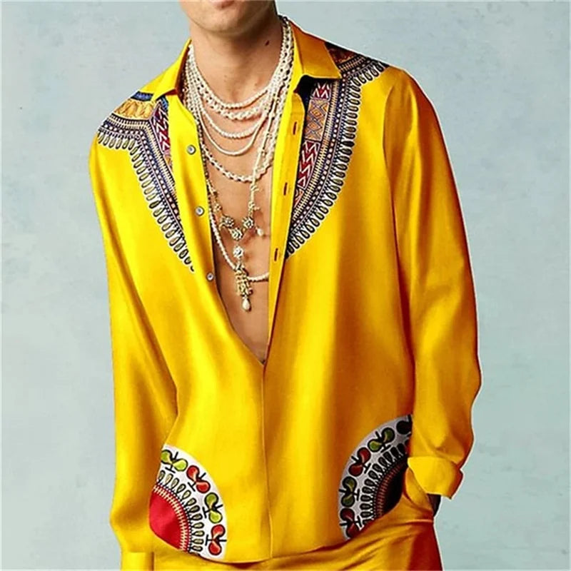 Casual Minimalist Design Long Sleeve Shirts Autumn Fashion Printed Pattern men's Shirt Street Retro Harajuku men's Clothing Tops