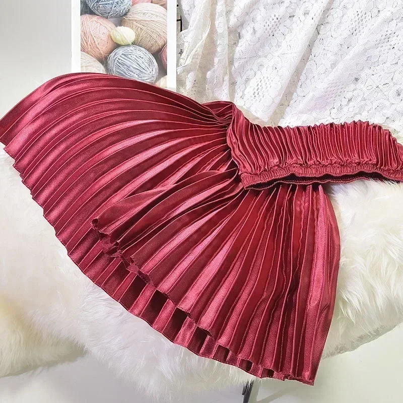 Classic Golden Velvet Pleated Skirt High Waist Retro Style Fashion Office Lady Pleated Long Skirt Winter Velvet Skirt 90cm Long
