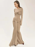 Tossy Female Pleated Sexy Maxi Dress Patchwork Twist Slim Long Sleeve Solid Y2k Autumn Streetwear Dress Women's Bodycon Dress
