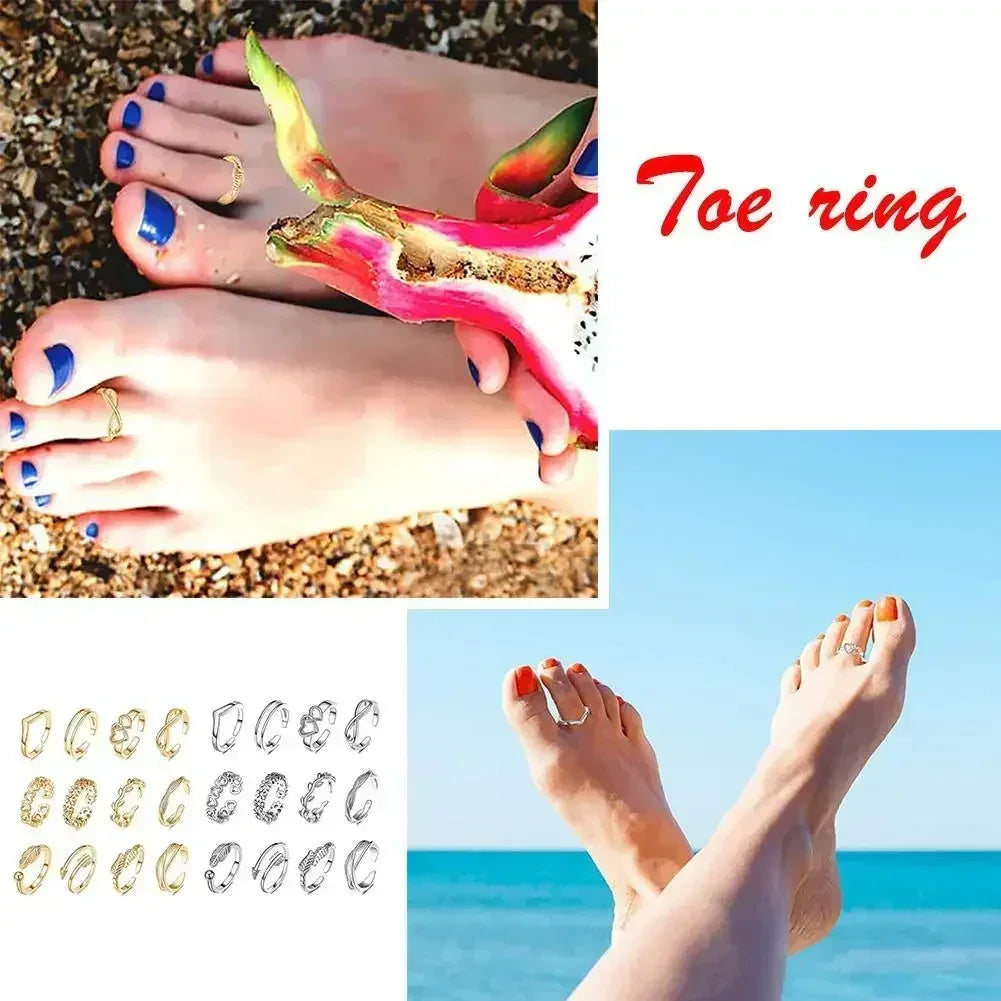 12pcs Adjustable Toe Rings For Women Girls Simple Beach Open Toe Set Cute Heart Feather Summer Toe Foot Jewelry