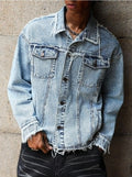 Men's Raw Hem Light Wash Oversized Denim Jean Jacket