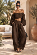 Women's Off-Shoulder Balloon-Sleeve Crop Top & Balloon-Leg Pants Set